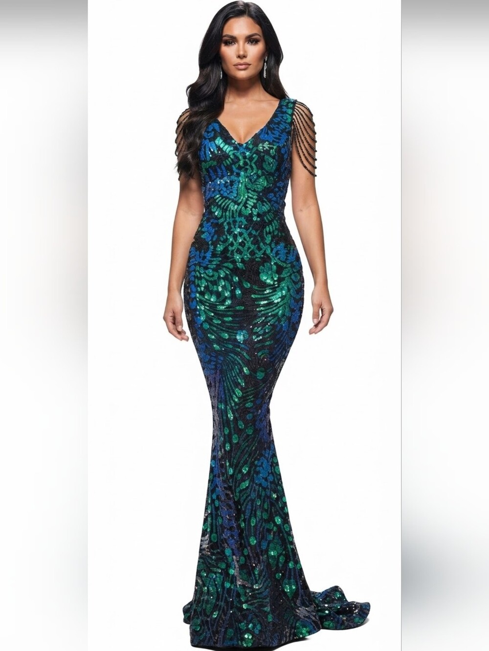 Dark Green,  Floral, Sleeveless,  V Neck,  Contrast Sequined Mermaid Max…